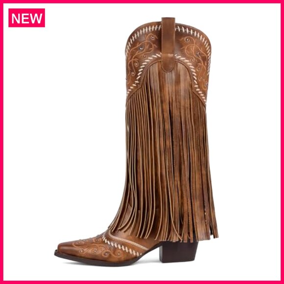 Knee High Cowboy Boots Fringe Embroidered Pointed Toe Chunky Heel Slip On - Picture 5 of 8